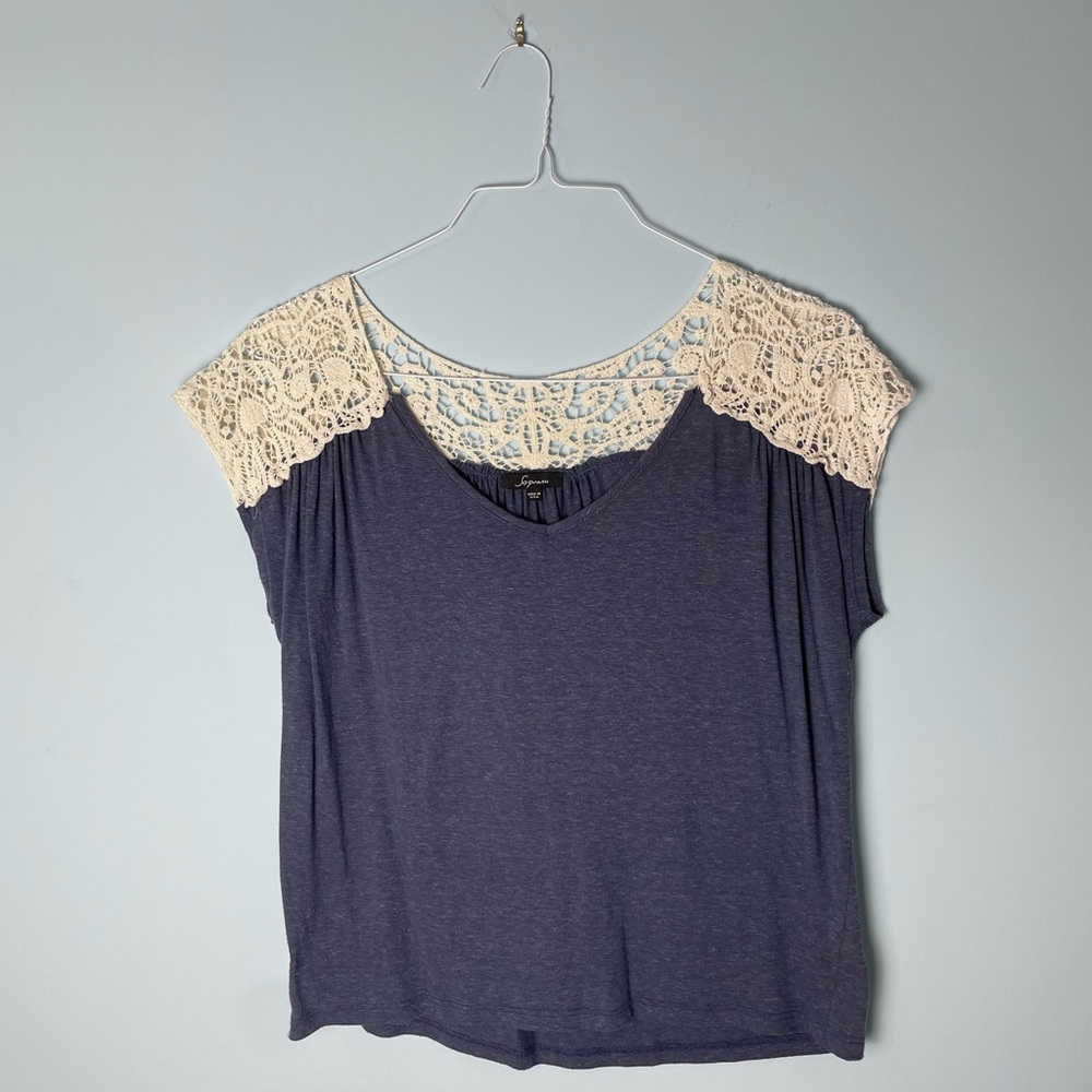 Blue Soprano Lace Crochet Short Sleeve Shirt